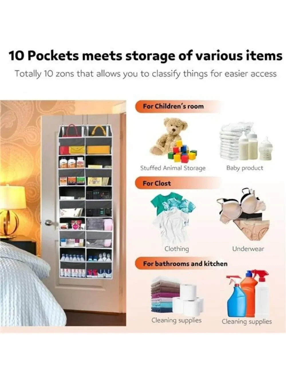 Over Door Organizer 5 Tier 10 Pocket Hanging Storage for Closet Bathroom